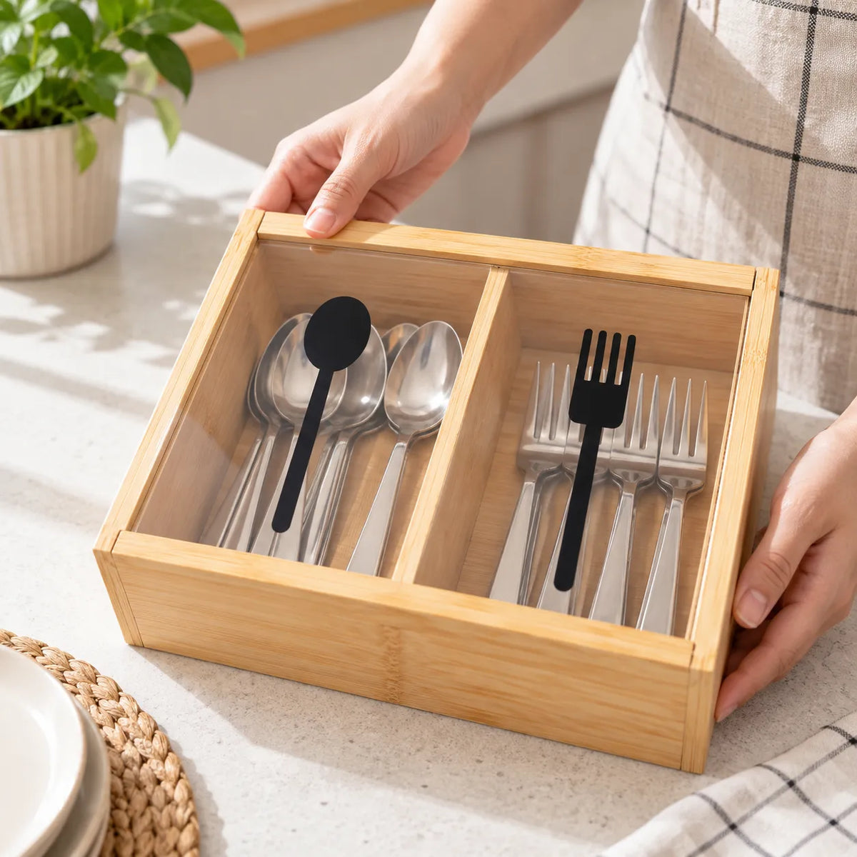 Organizador de Cubiertos de Bambú con 2 Compartimentos 8 x 13 cm