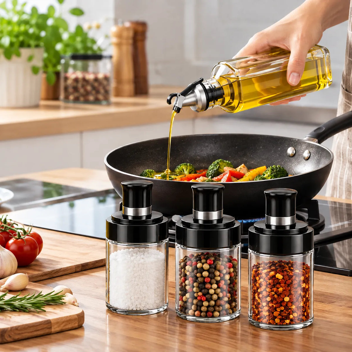Pack x4 - 1 Aceitero y 3 Condimenteros de Vidrio con Dosificador para Cocina y Mesa