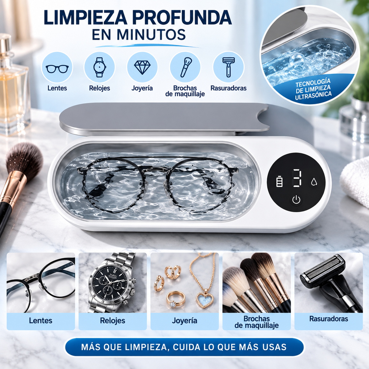Limpiador Ultrasónico Multifunción para Lentes, Joyas, Relojes y Accesorios