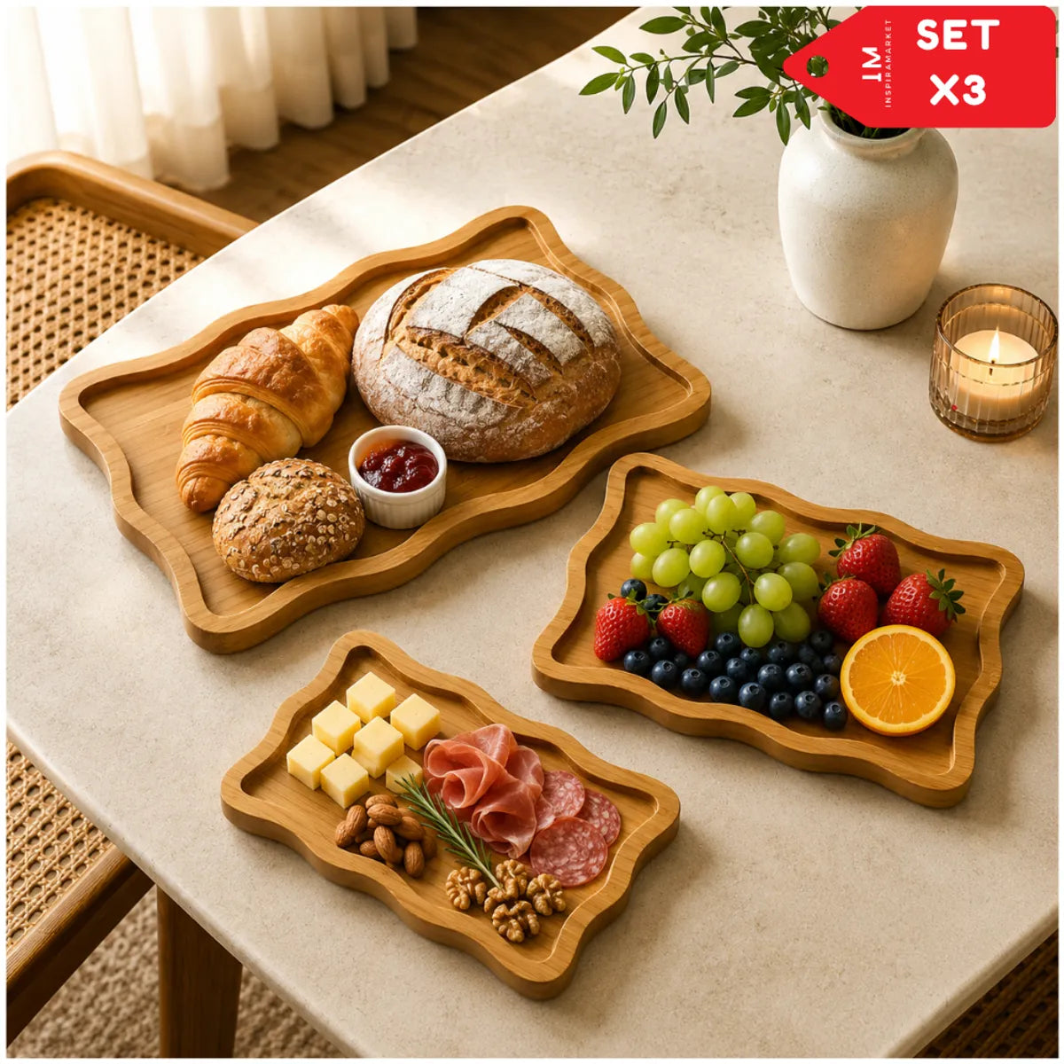 Set x3 Bandejas de Bambú Multiusos para Cocina Comedor