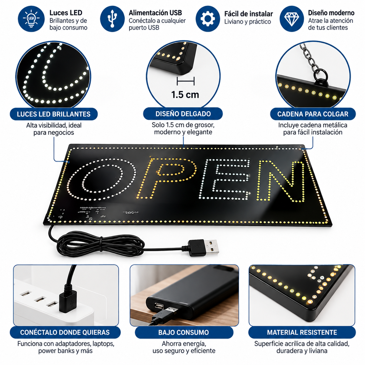 Luminoso LED “OPEN” 40 x 20 cm con USB y Cadena para Colgar