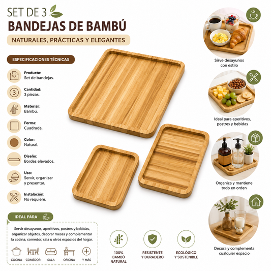 Pack x3 Bandejas de bambú cuadradas para servir y organizar