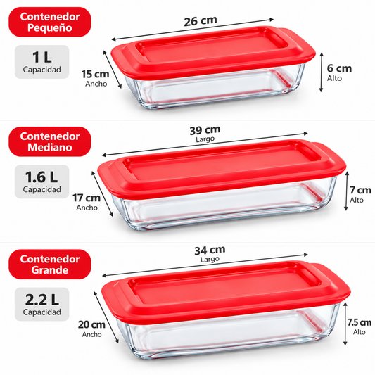 Set x3 Contenedores de Vidrio Organizadores para Cocina 3 Tamaños con Tapa