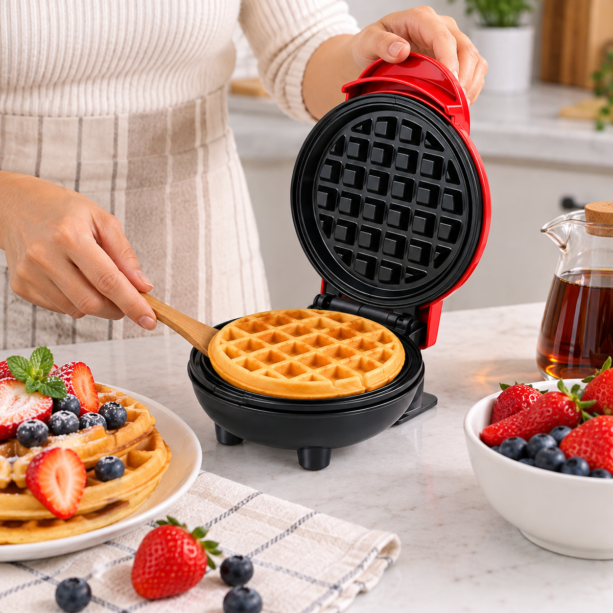 Mini Waflera Eléctrica para Waffles Redondos 12 cm 16.5 x 8.5 x 12.5 cm para Cocina