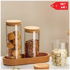 Set de 3 Frascos de Vidrio Transparente (500ml, 700ml, 900ml) con Tapas y Bandeja de Corcho