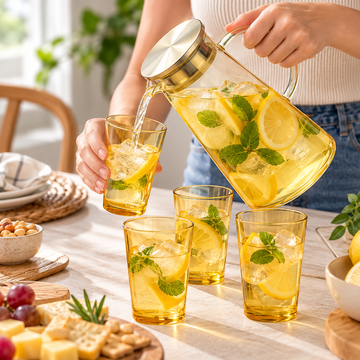 Set x5 Jarra con 4 Vasos 1850 ml para Agua, Jugos y Bebidas Frías