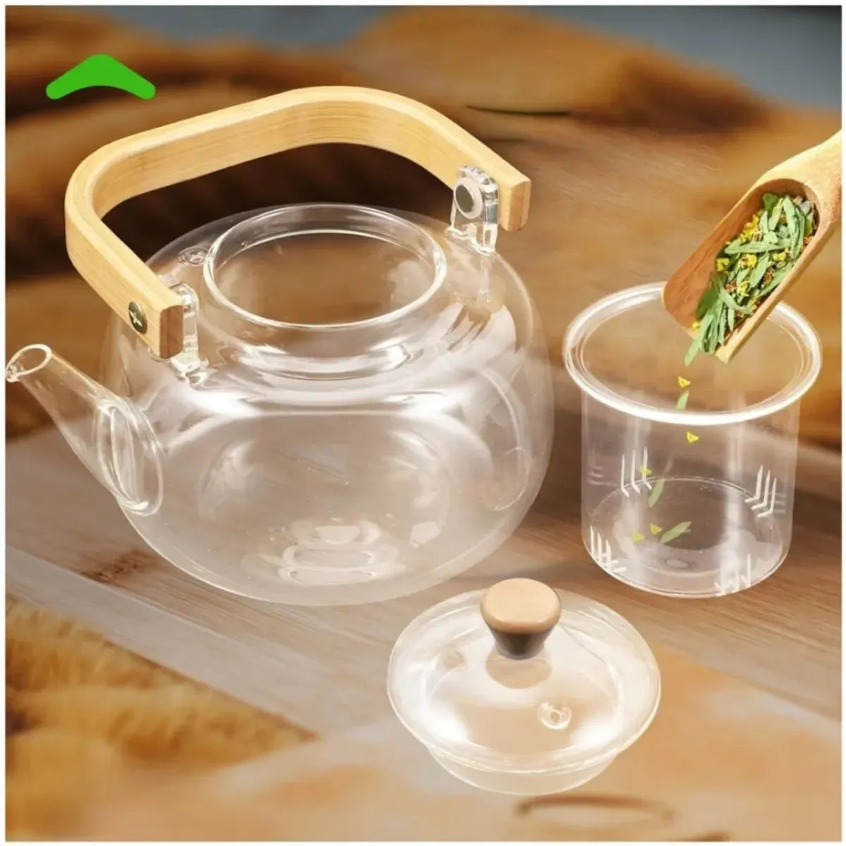 Tetera de Vidrio con Infusor y Asa de Bambú 900 ml para Té e Infusiones