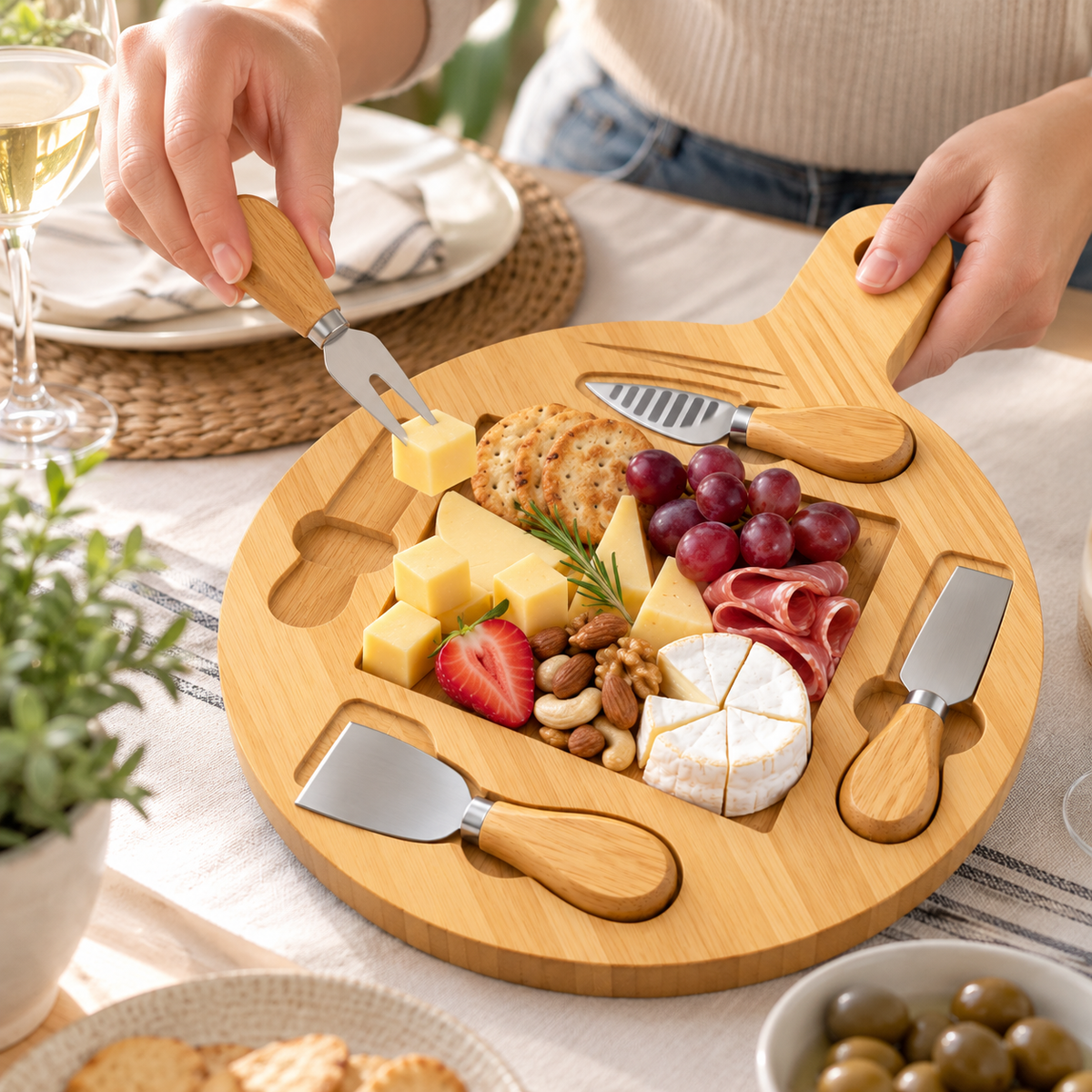Tabla para Quesos y Aperitivos 28 cm con 4 Accesorios para Servir y Compartir