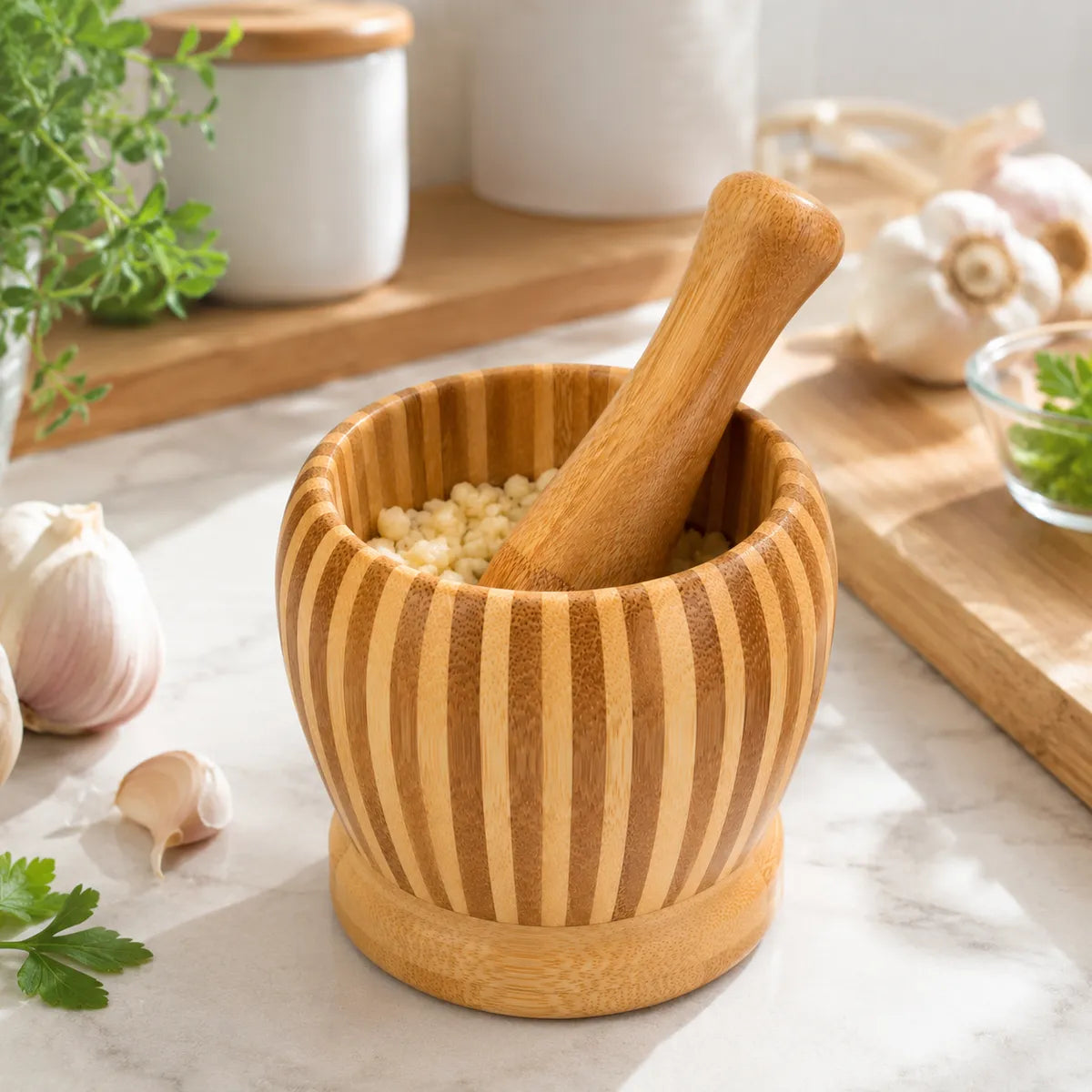 Mortero de Bambú con Maja para Cocina, Especias, Hierbas y Condimentos