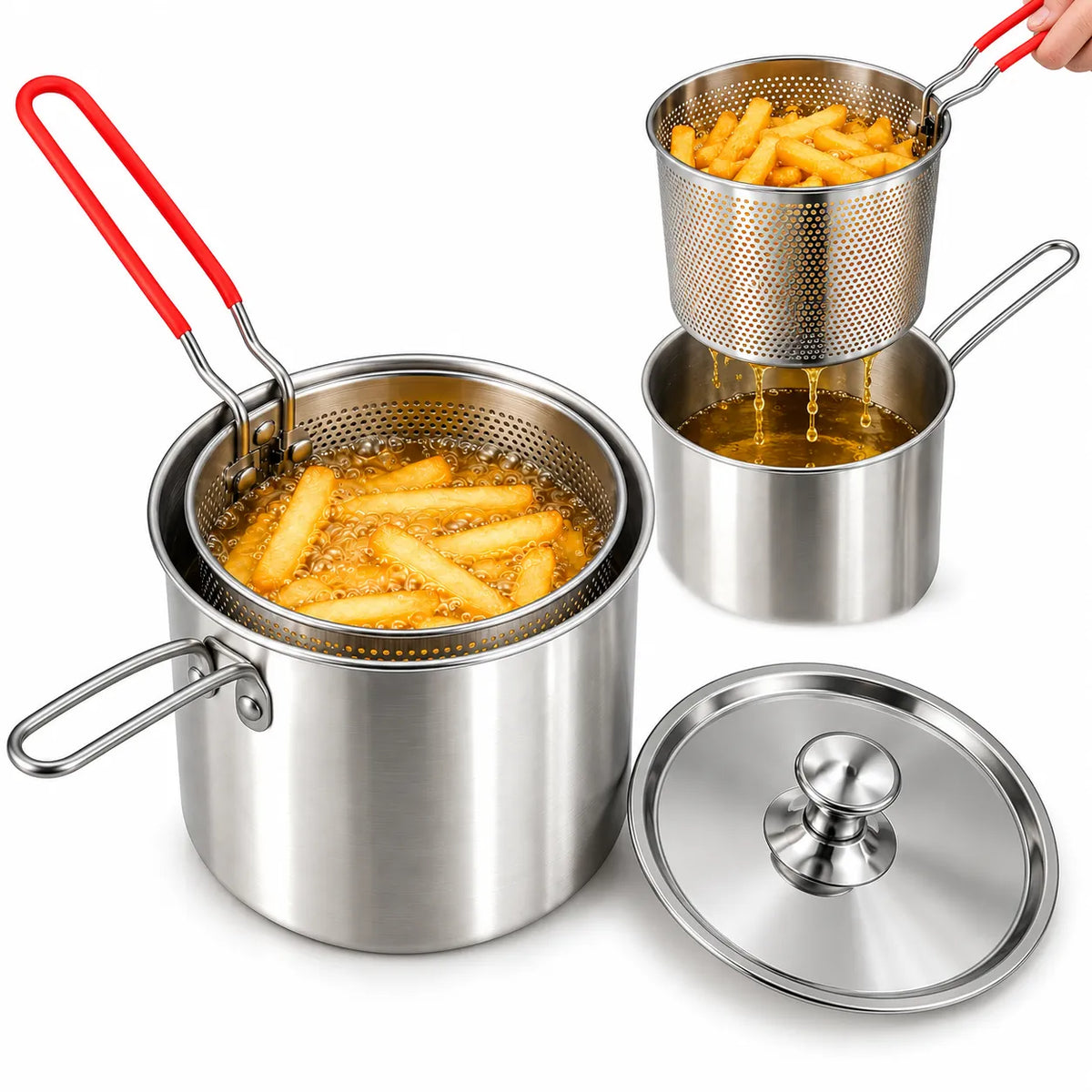 Ollita Freidora de Acero Inoxidable 3 Piezas con Malla y Tapa