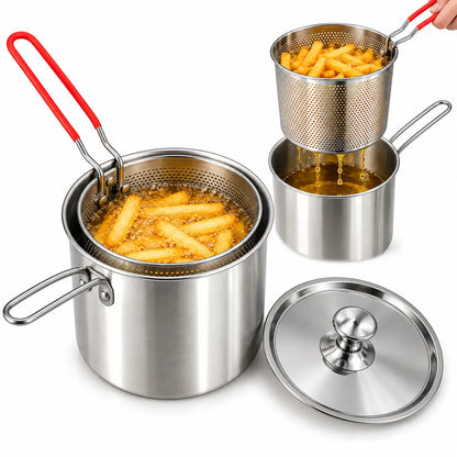 Ollita Freidora de Acero Inoxidable 3 Piezas con Malla y Tapa