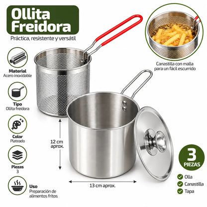 Ollita Freidora de Acero Inoxidable 3 Piezas con Malla y Tapa