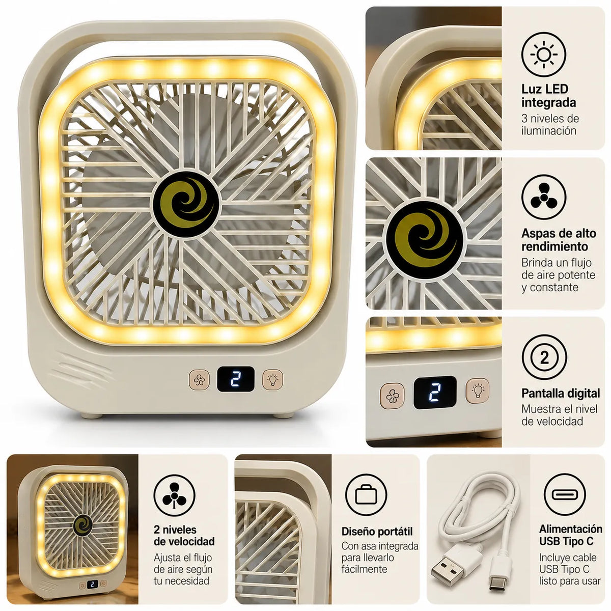 Mini Ventilador de Mesa con Luz LED y Pantalla Digital 12 x 20 cm