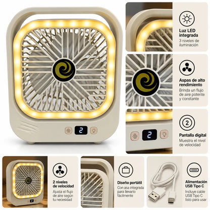 Mini Ventilador de Mesa con Luz LED y Pantalla Digital 12 x 20 cm