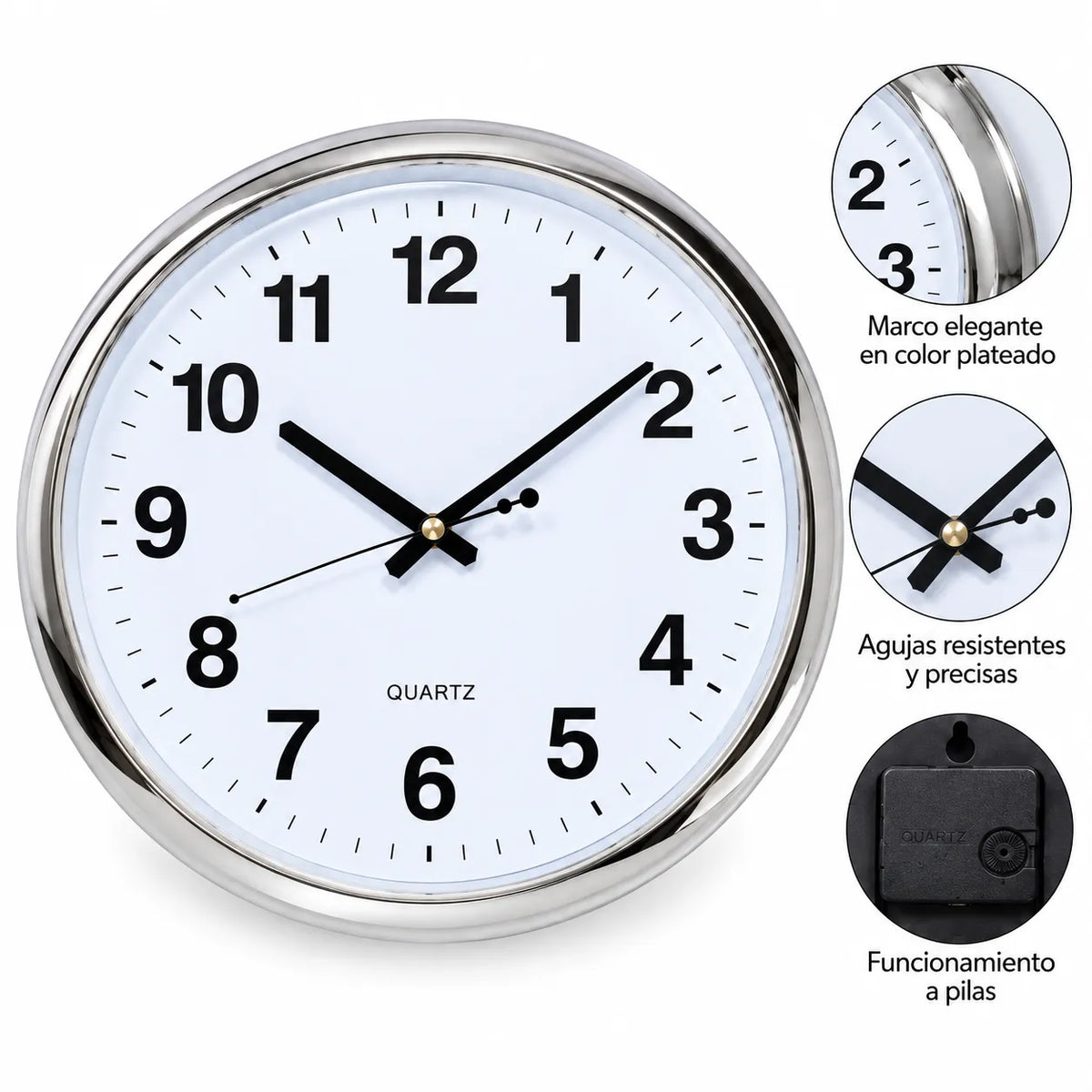 Reloj de Pared Analógico 40 cm con Números Grandes y Marco Plateado