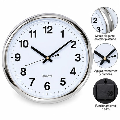 Reloj de Pared Analógico 40 cm con Números Grandes y Marco Plateado