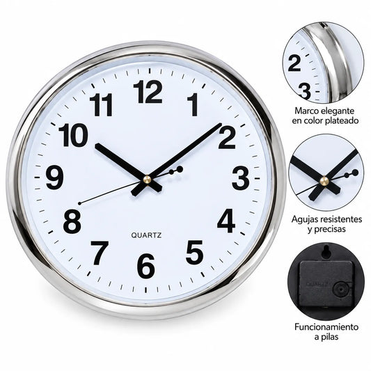 Reloj de Pared Analógico 40 cm con Números Grandes y Marco Plateado