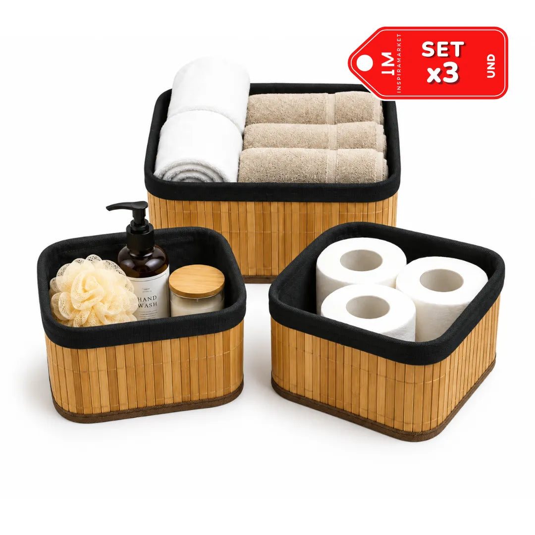 Pack x3 Cestos de Bambú para Almacenamiento con Forro Negro