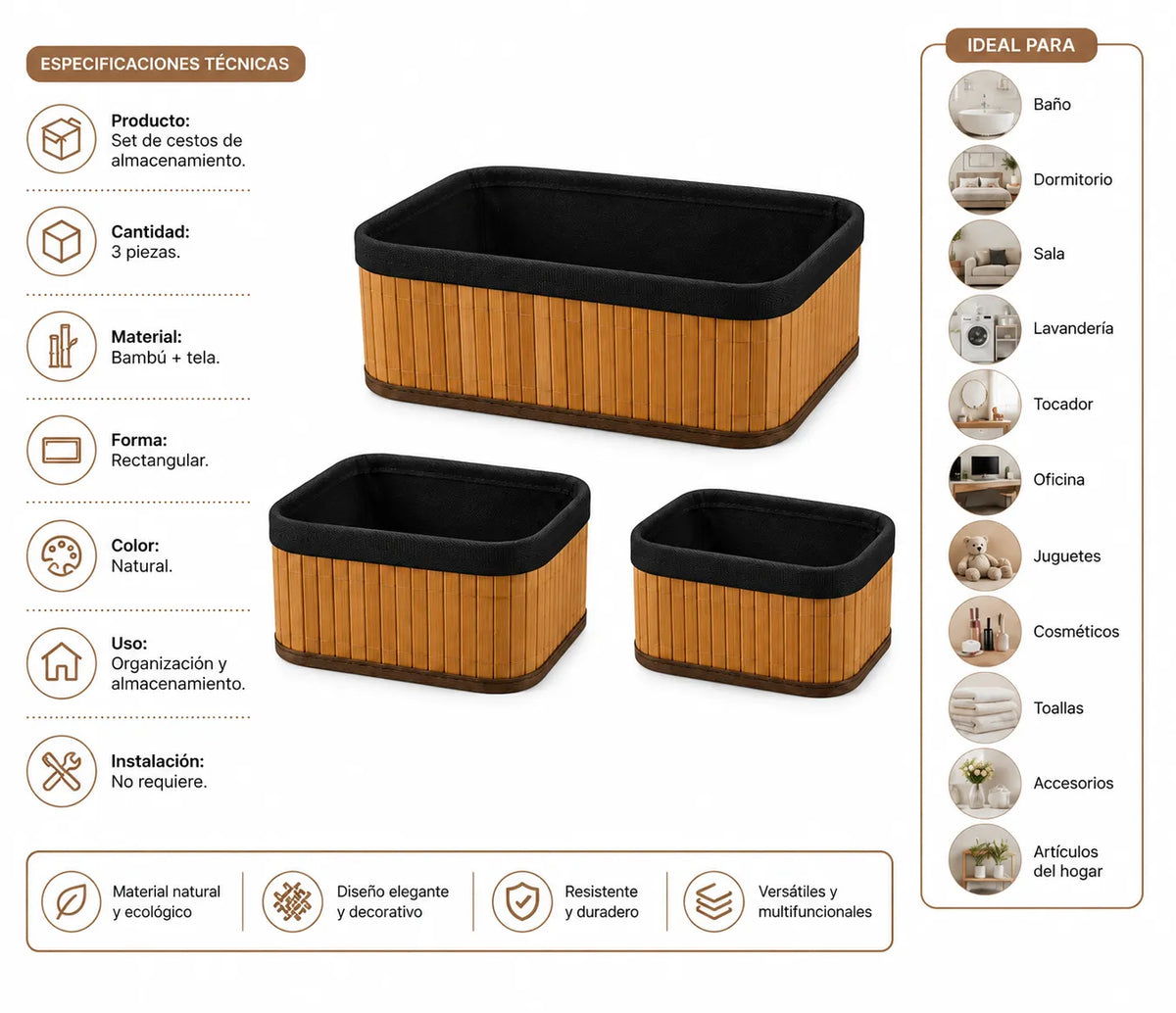 Set de Cestos de Bambú para Almacenamiento x 3 piezas