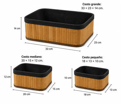 Pack x3 Cestos de Bambú para Almacenamiento con Forro Negro