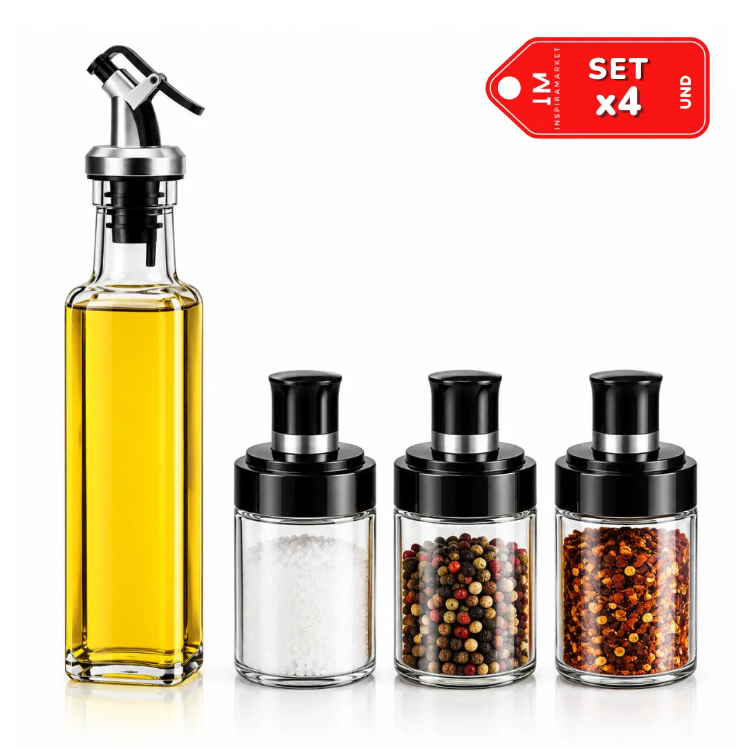 Pack x4 - 1 Aceitero y 3 Condimenteros de Vidrio con Dosificador para Cocina y Mesa