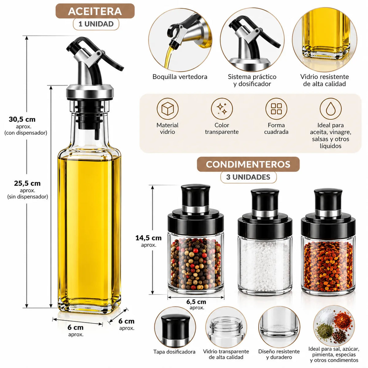 Pack x4 - 1 Aceitero y 3 Condimenteros de Vidrio con Dosificador para Cocina y Mesa