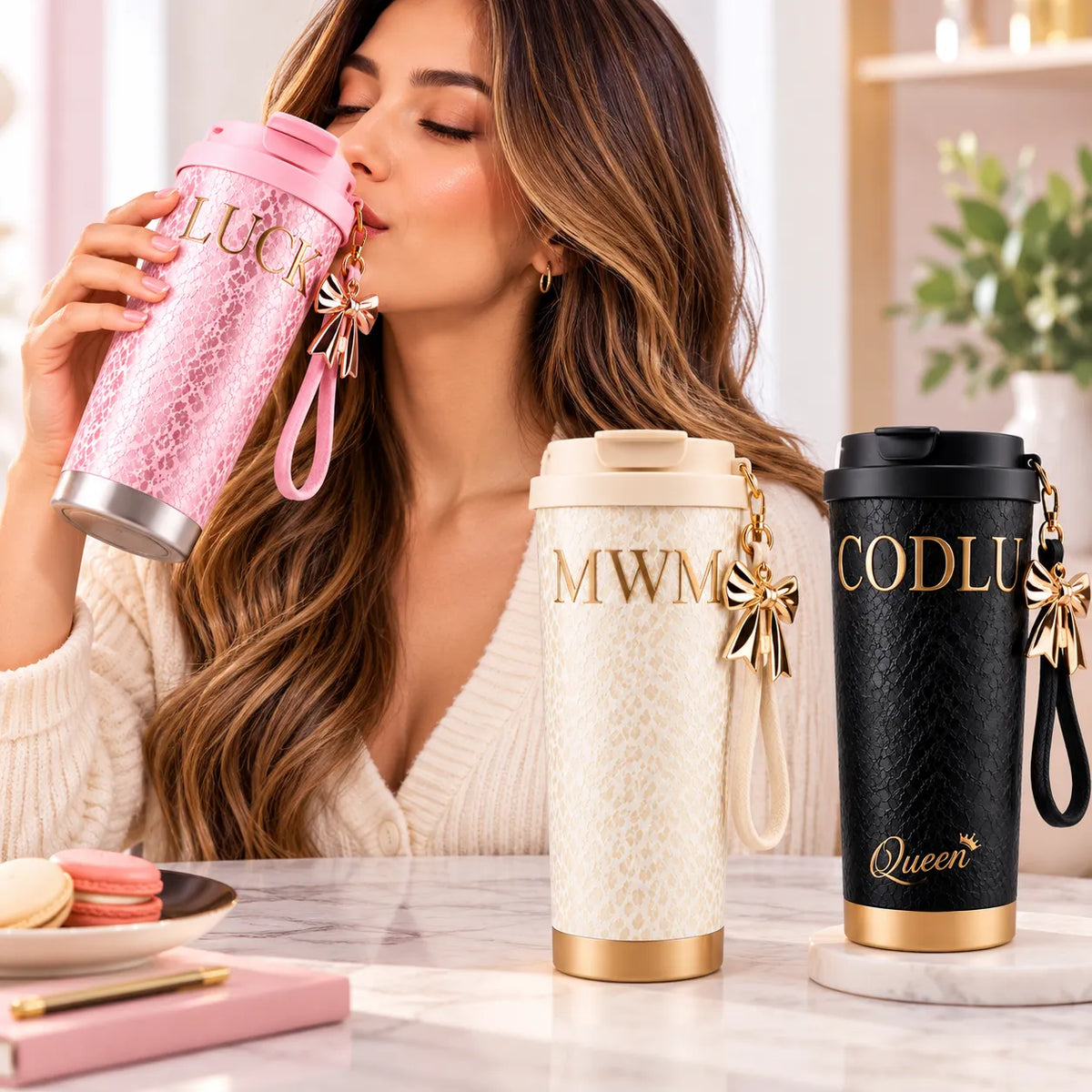 Termo con Tapa y Asa de Transporte con Diseño Texturizado para Bebidas