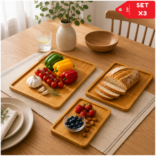 Set x3 Bandejas de Bambú Multiusos para Cocina Comedor Hogar