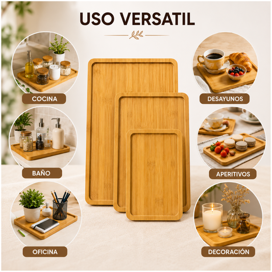 Set x3 Bandejas de Bambú Multiusos para Cocina Comedor Hogar