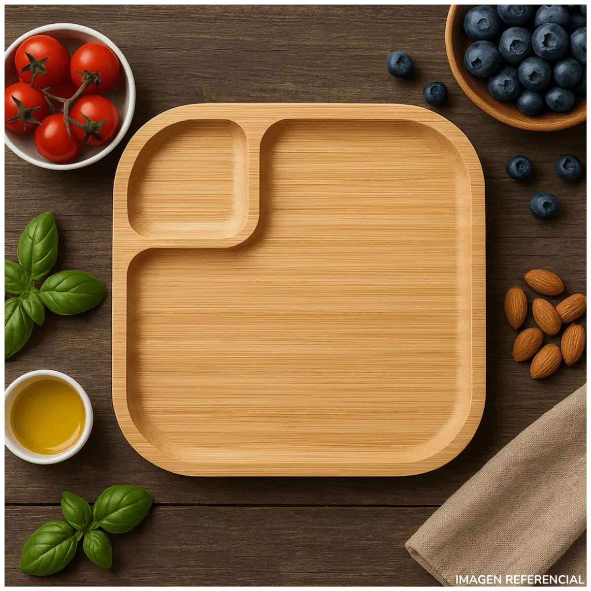 BANDEJA PARA ALIMENTOS DECORATIVA BAMBU CON DIVISIÓN