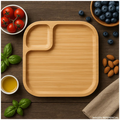 BANDEJA PARA ALIMENTOS DECORATIVA BAMBU CON DIVISIÓN
