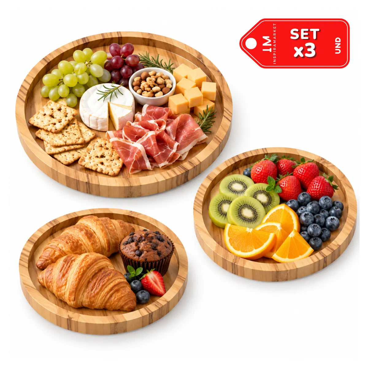 Set x3 Bandejas Redondas de Bambú 30, 25 y 20 cm para Servir y Organizar