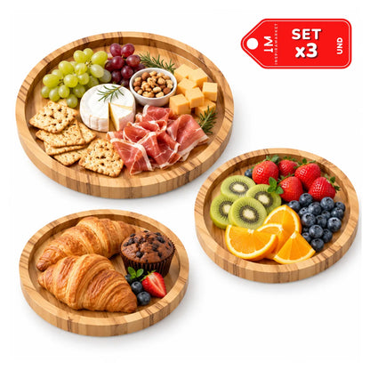 Set x3 Bandejas Redondas de Bambú 30, 25 y 20 cm para Servir y Organizar