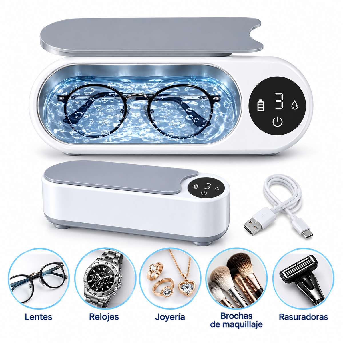 Limpiador Ultrasónico Multifunción para Lentes, Joyas, Relojes y Accesorios