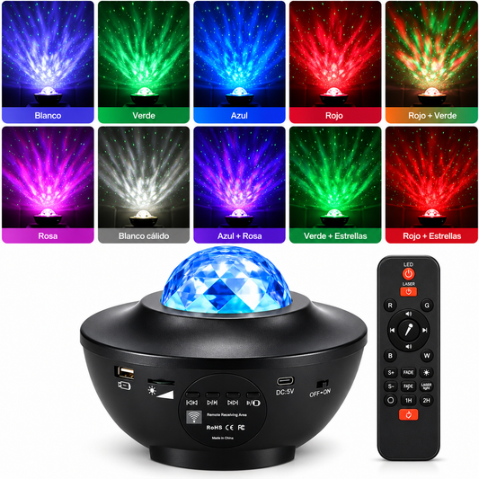 Proyector de Estrellas y Ondas LED RGB con Láser, Bluetooth, USB y Control Remoto