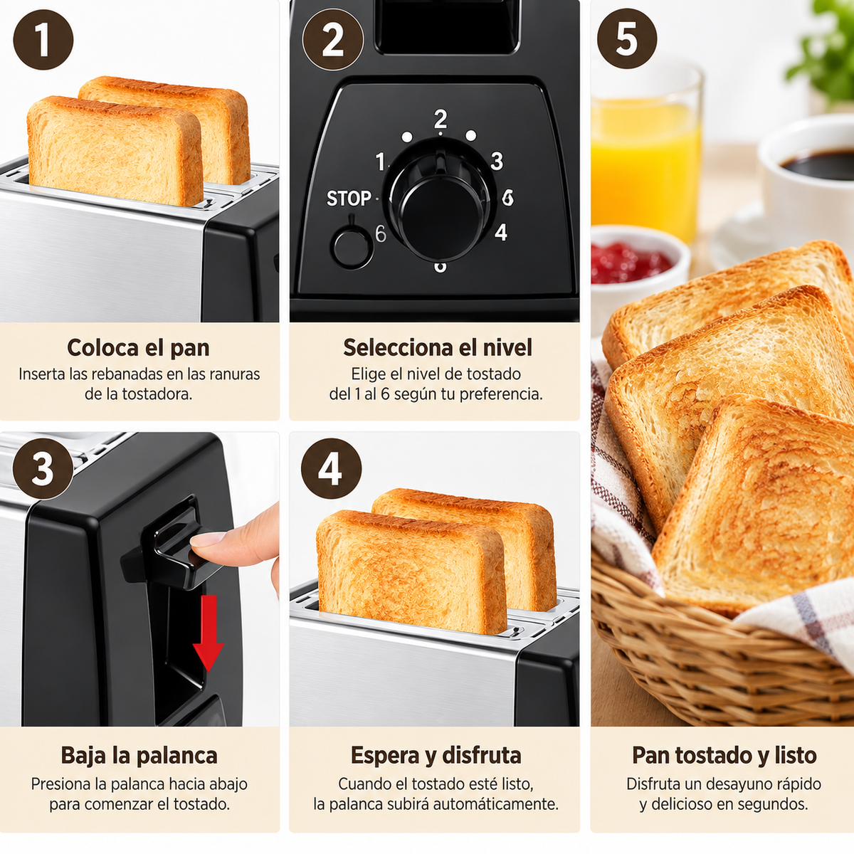 Tostadora Eléctrica de 2 Panes 650W con 6 Niveles de Tostado y Bandeja Recogemigas