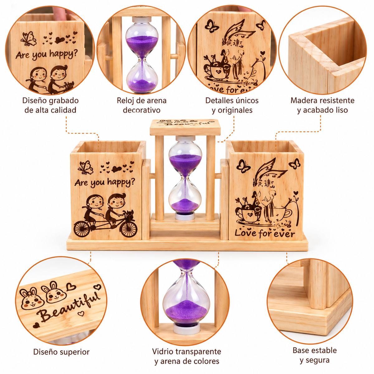 Porta Lapiceros de Madera con Reloj de Arena y 2 Compartimentos para Escritorio
