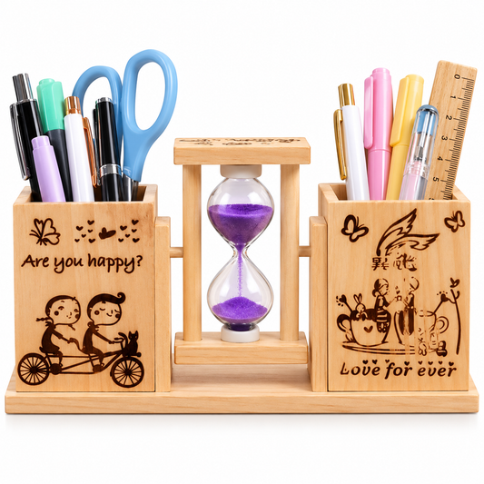 Porta Lapiceros de Madera con Reloj de Arena y 2 Compartimentos para Escritorio