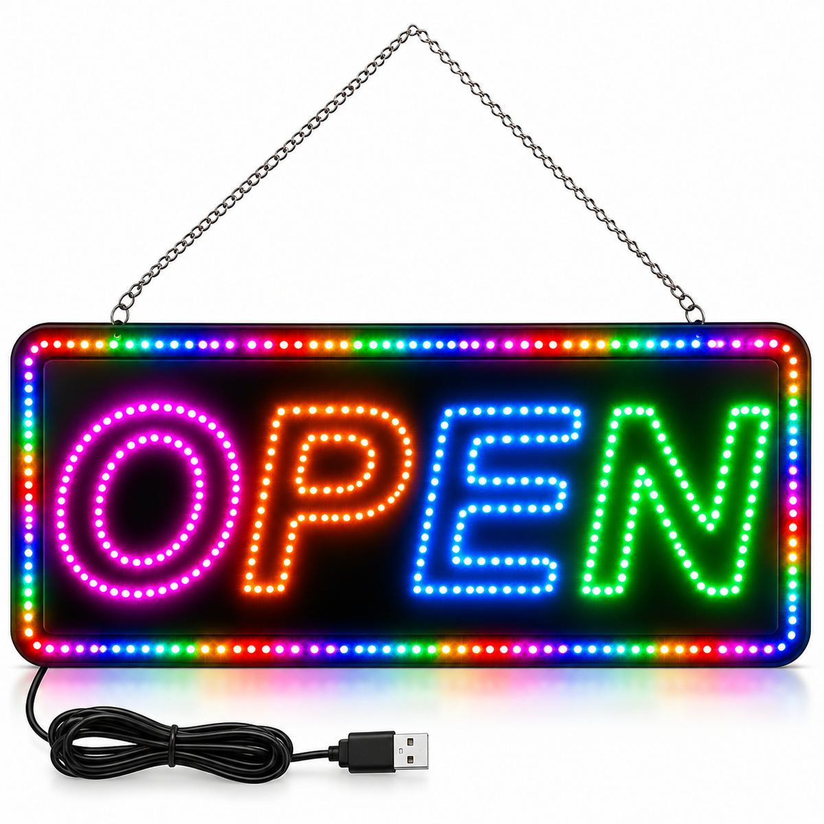 Luminoso LED “OPEN” 40 x 20 cm con USB y Cadena para Colgar