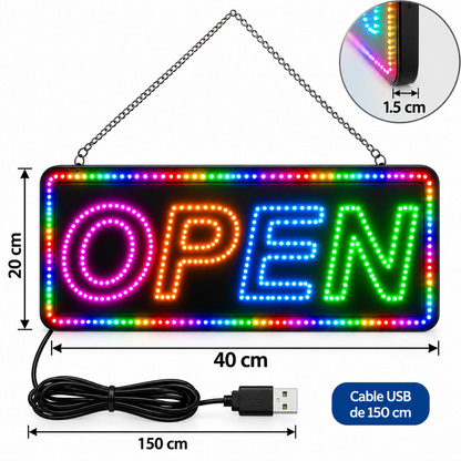 Luminoso LED “OPEN” 40 x 20 cm con USB y Cadena para Colgar