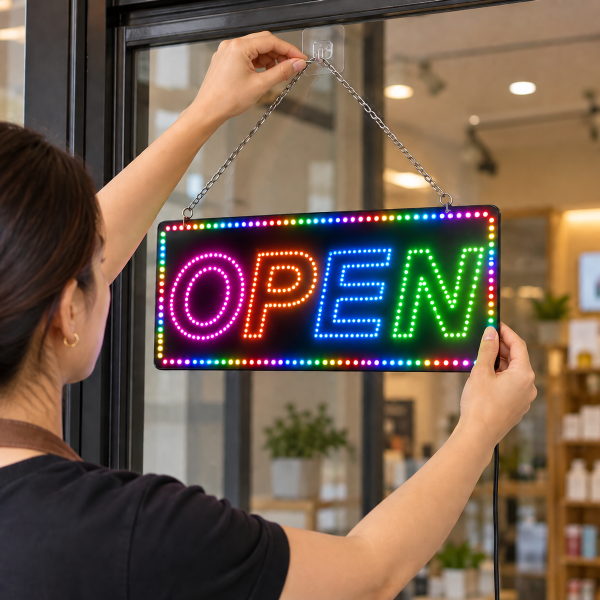 Luminoso LED “OPEN” 40 x 20 cm con USB y Cadena para Colgar