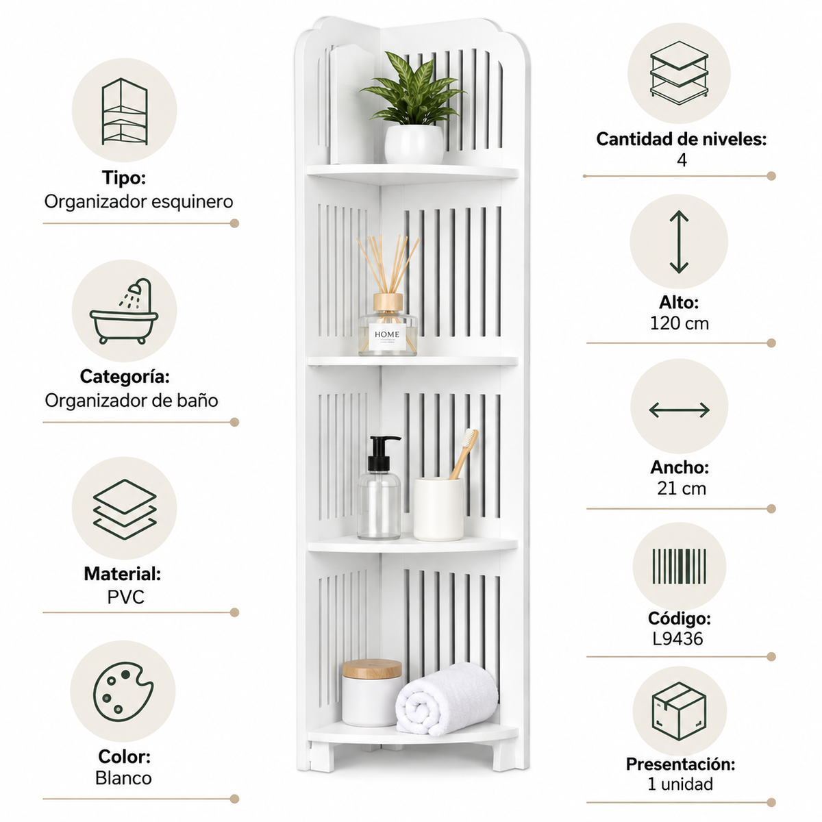 Organizador Esquinero de Baño 120 x 21 cm de PVC con 4 Niveles