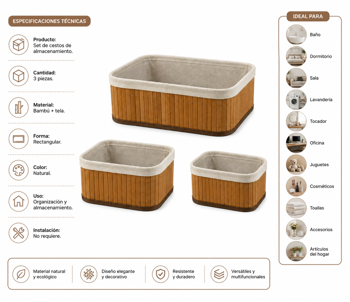 Set de Cestos de Bambú para Almacenamiento x 3 piezas