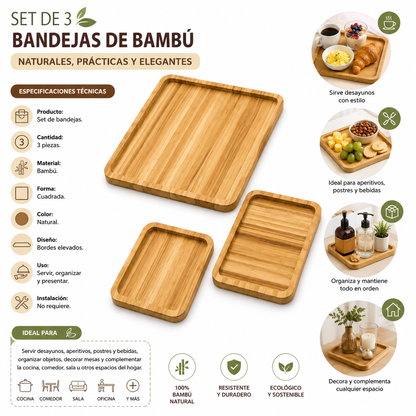 Pack x3 Bandejas de bambú cuadradas para servir y organizar
