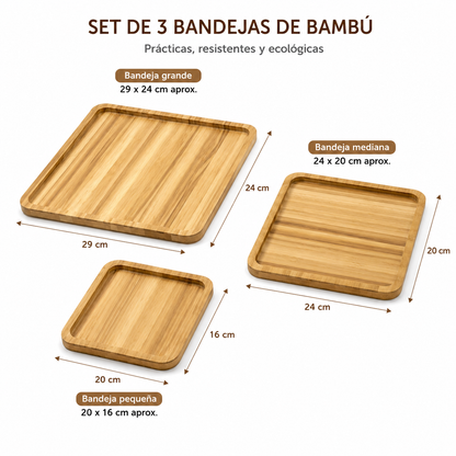 Pack x3 Bandejas de bambú cuadradas para servir y organizar