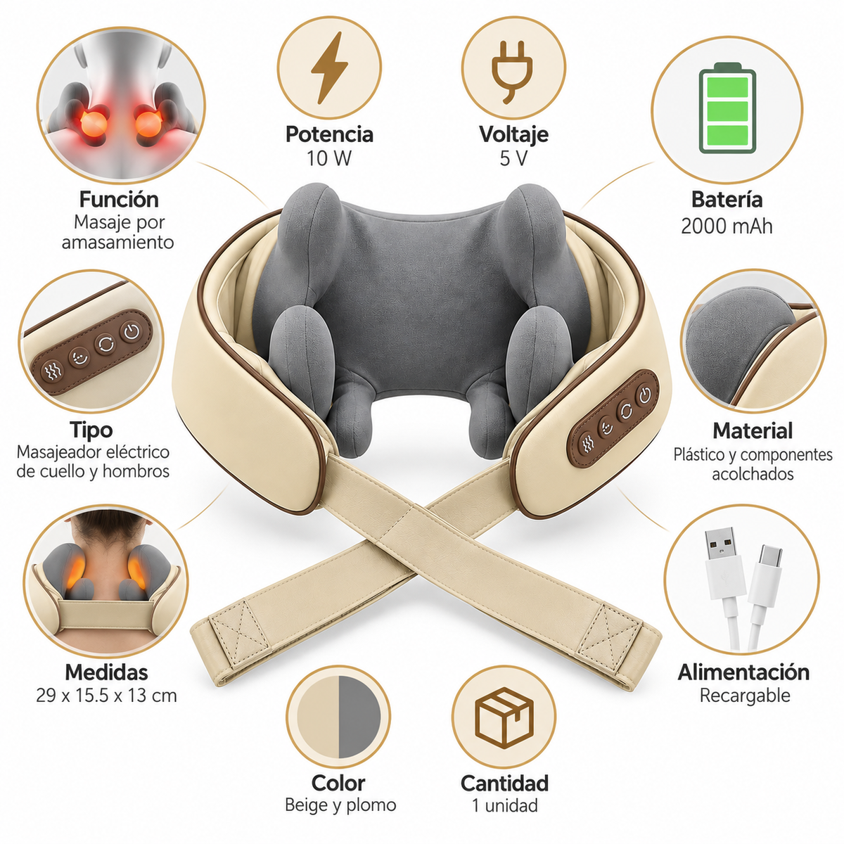 Masajeador de Cuello y Hombros Recargable 10W con Amasamiento y Control Integrado