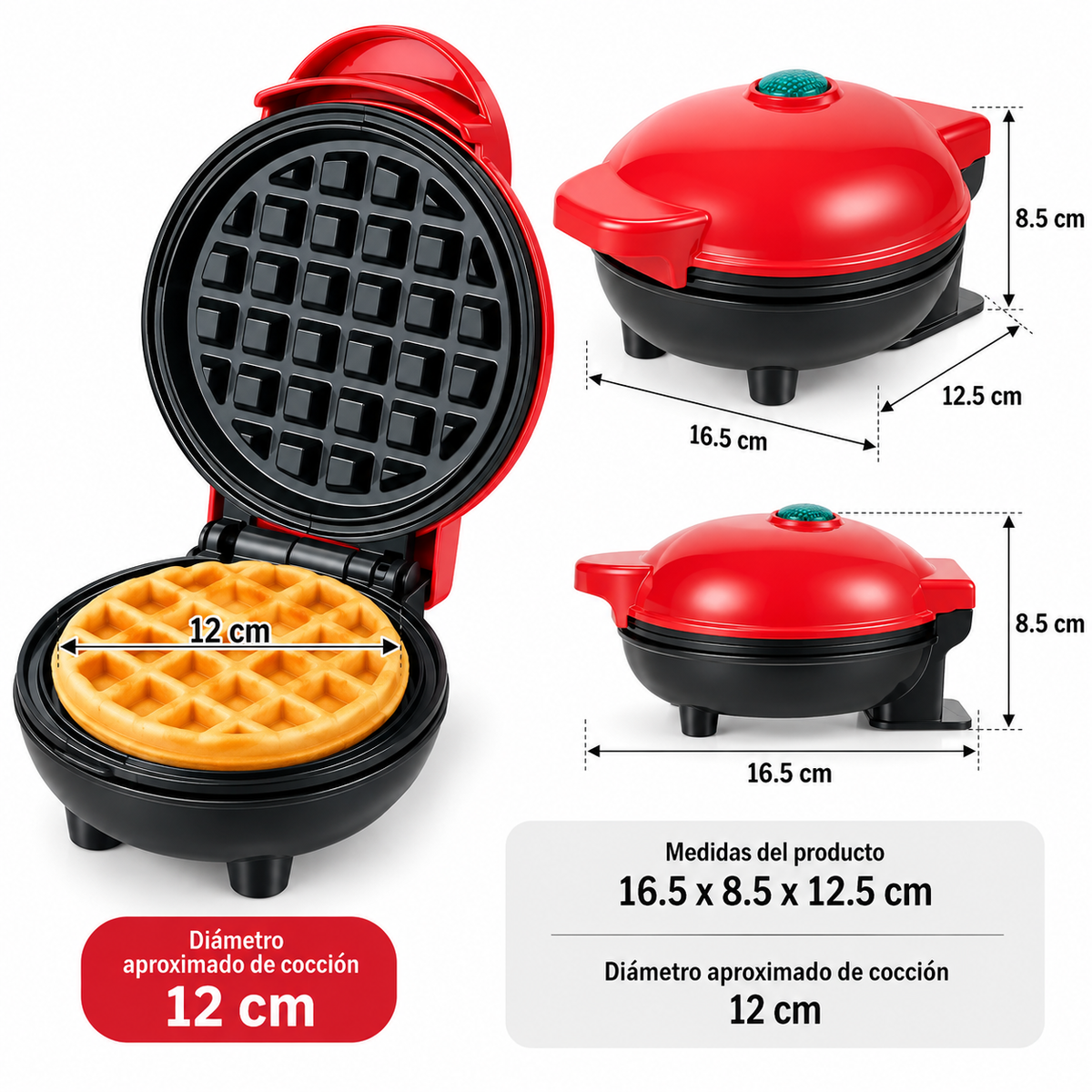 Mini Waflera Eléctrica para Waffles Redondos 12 cm 16.5 x 8.5 x 12.5 cm para Cocina