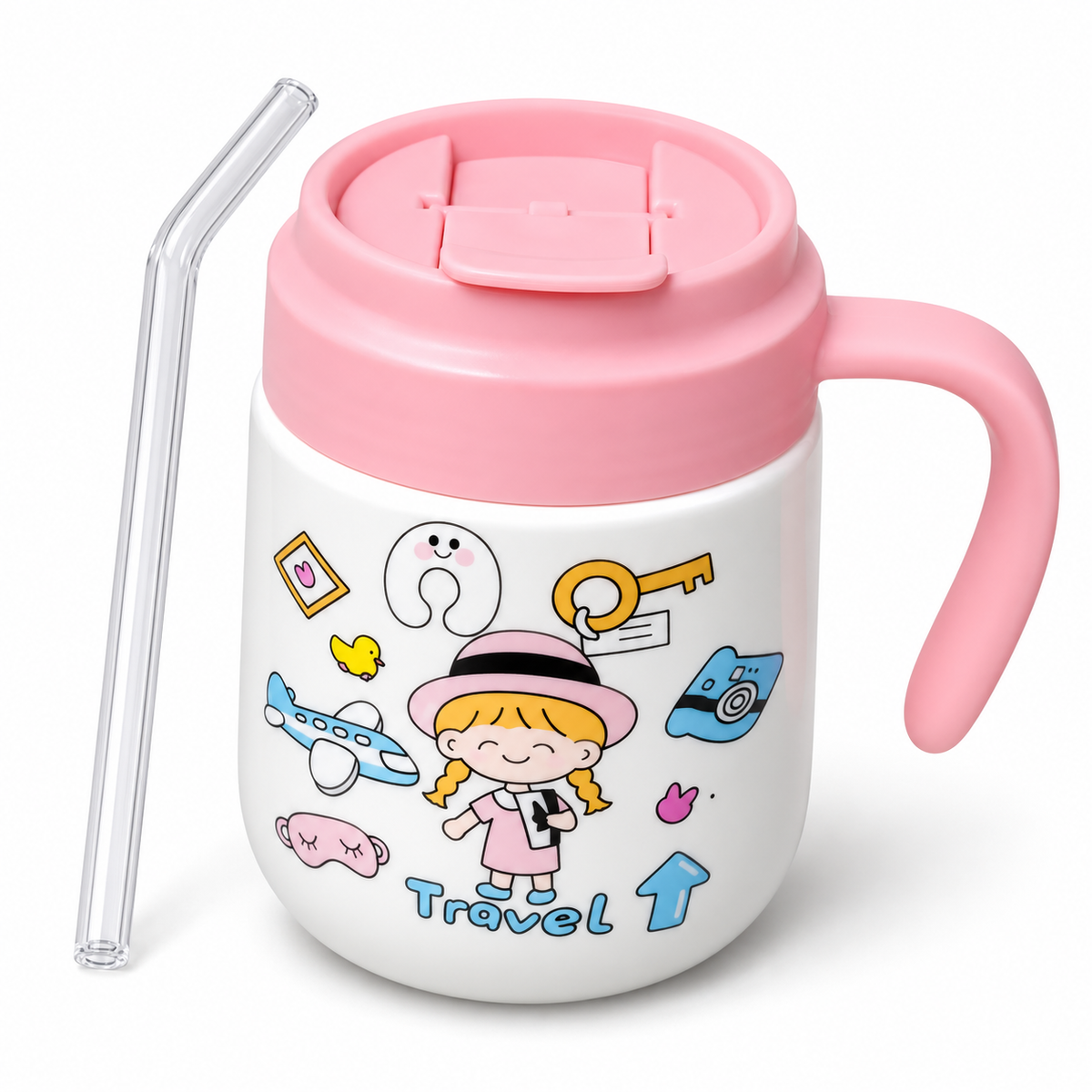 Taza con Tapa y Sorbete de Vidrio 350 ml con Asa – Diseño Infantil