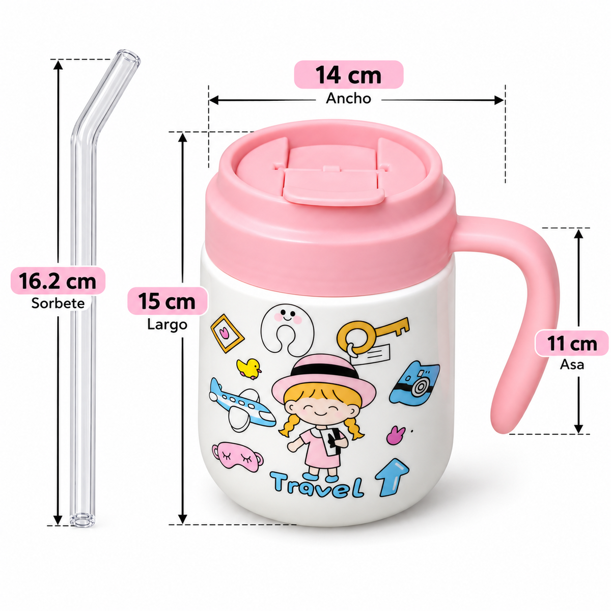 Taza con Tapa y Sorbete de Vidrio 350 ml con Asa – Diseño Infantil