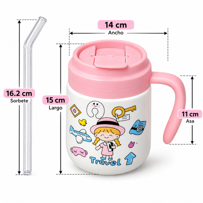 Taza con Tapa y Sorbete de Vidrio 350 ml con Asa – Diseño Infantil